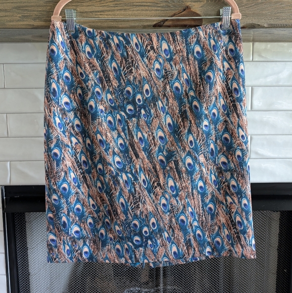 Talbots Blue and Brown Peacock Print Skirt Size 14P - Picture 1 of 11